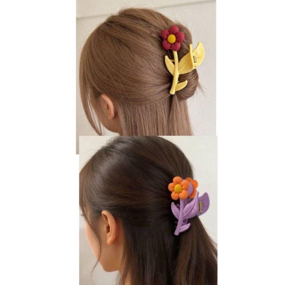 Women's Kids Hair Claw Clip Red Orange Flowers Yellow & Purple Leaves 2 Sets